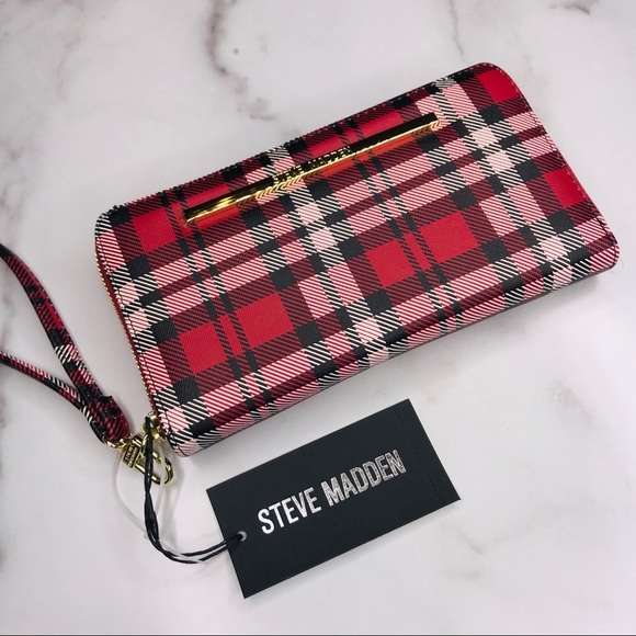 Steve Madden | Red Plaid Zip Around Wallet Clutch - Picture 1 of 8